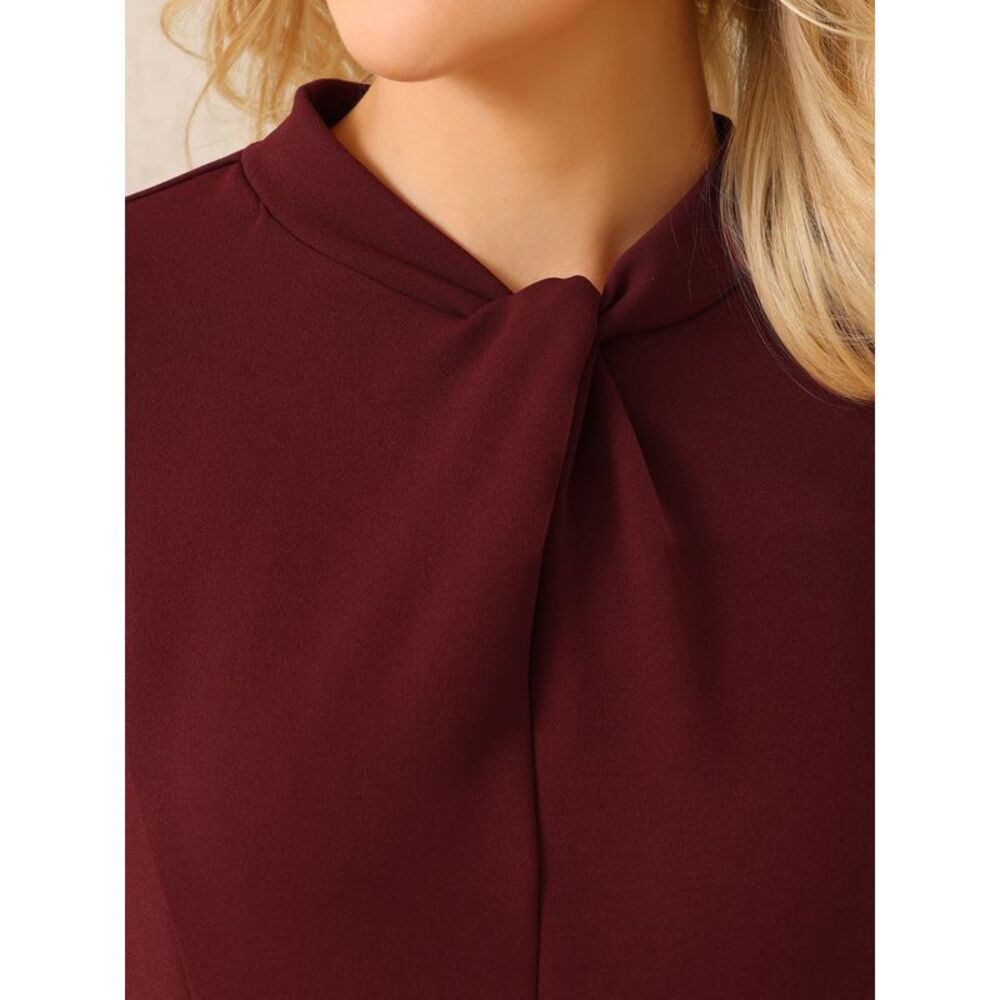 Women's 3/4 Sleeve Pencil Dress Twist Mock Neck Work Knee Dress Dark Red - Picture 4 of 7